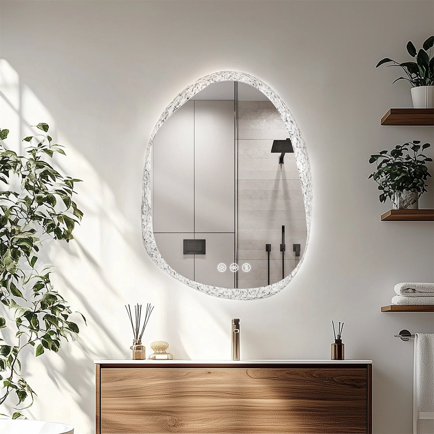 70/80/90cm LED Bathroom Mirror with Lights Crystal Clear Glass Bathroom Vanity Mirror with Backlight 3 Colors Setting, Anti-fog