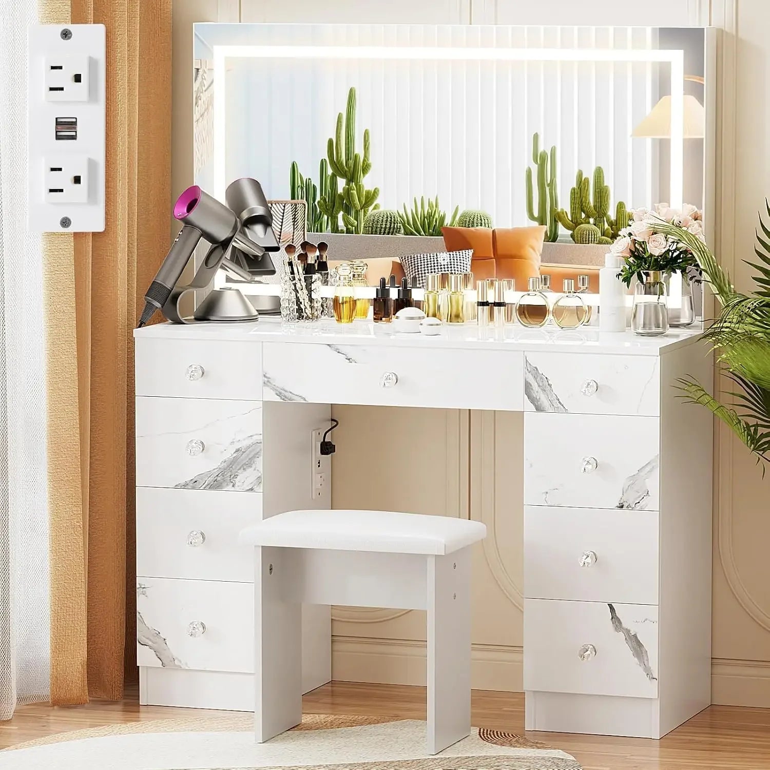 Vanity with Lighted Mirror - Makeup Vanity Desk with Power Outlet and 9 Drawers, 3 Color Lighting Modes