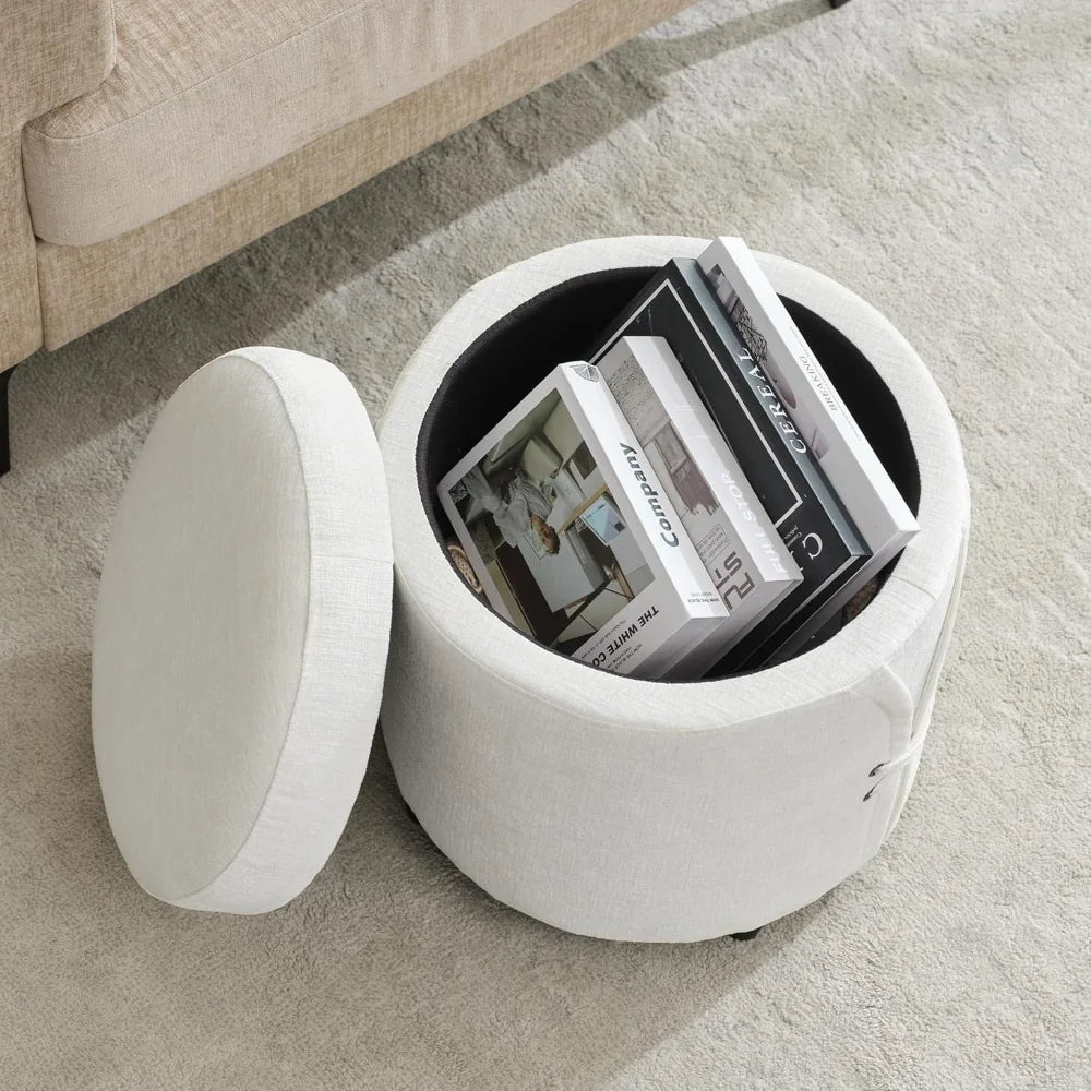 16.5 inch Tufted Small Round Storage Ottoman, Modern Upholstered Ottoman with Soft Padded Seat, Chic Round Vanity Foot Stool