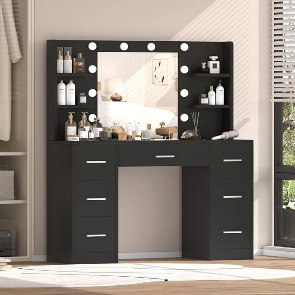 Vanity Desk Makeup Vanity with 10 LED Lights & 7 Metal Sliding Drawers Vanity Table with Open Shelves Makeup Table