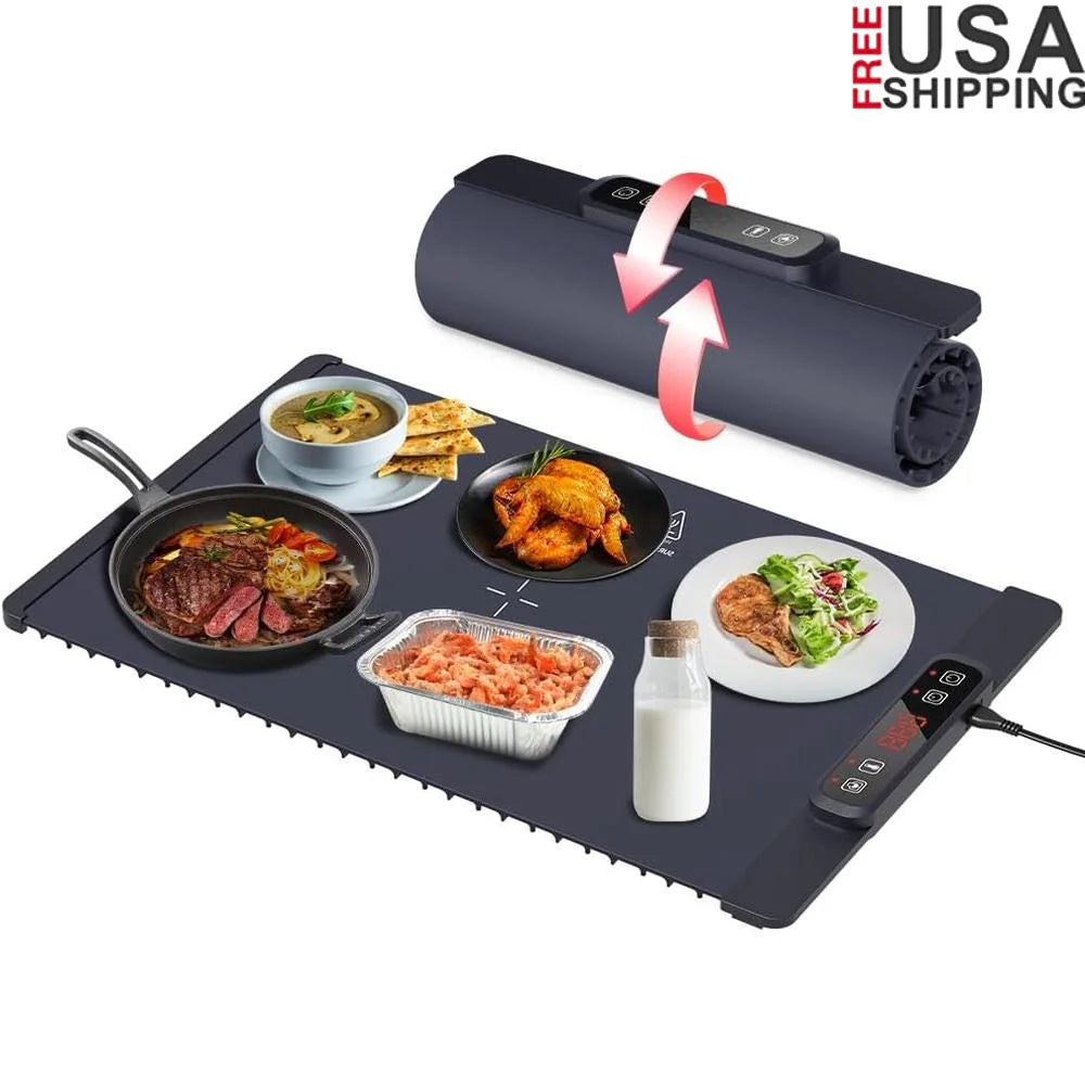 Electric Warming Tray Full Surface Heating Portable Silicone Food Warmer 5 Temperature Settings Adjustable Timer Child Safety