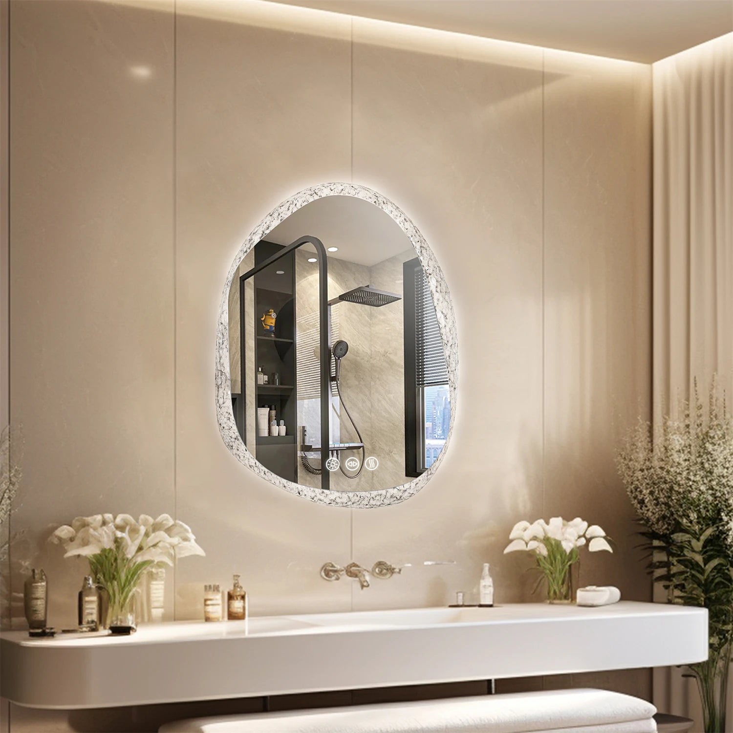 70/80/90cm LED Bathroom Mirror with Lights Crystal Clear Glass Bathroom Vanity Mirror with Backlight 3 Colors Setting, Anti-fog