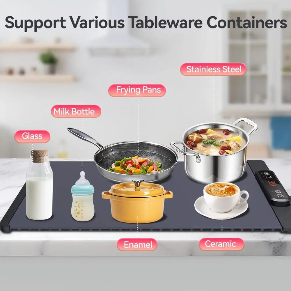 Electric Warming Tray Full Surface Heating Portable Silicone Food Warmer 5 Temperature Settings Adjustable Timer Child Safety