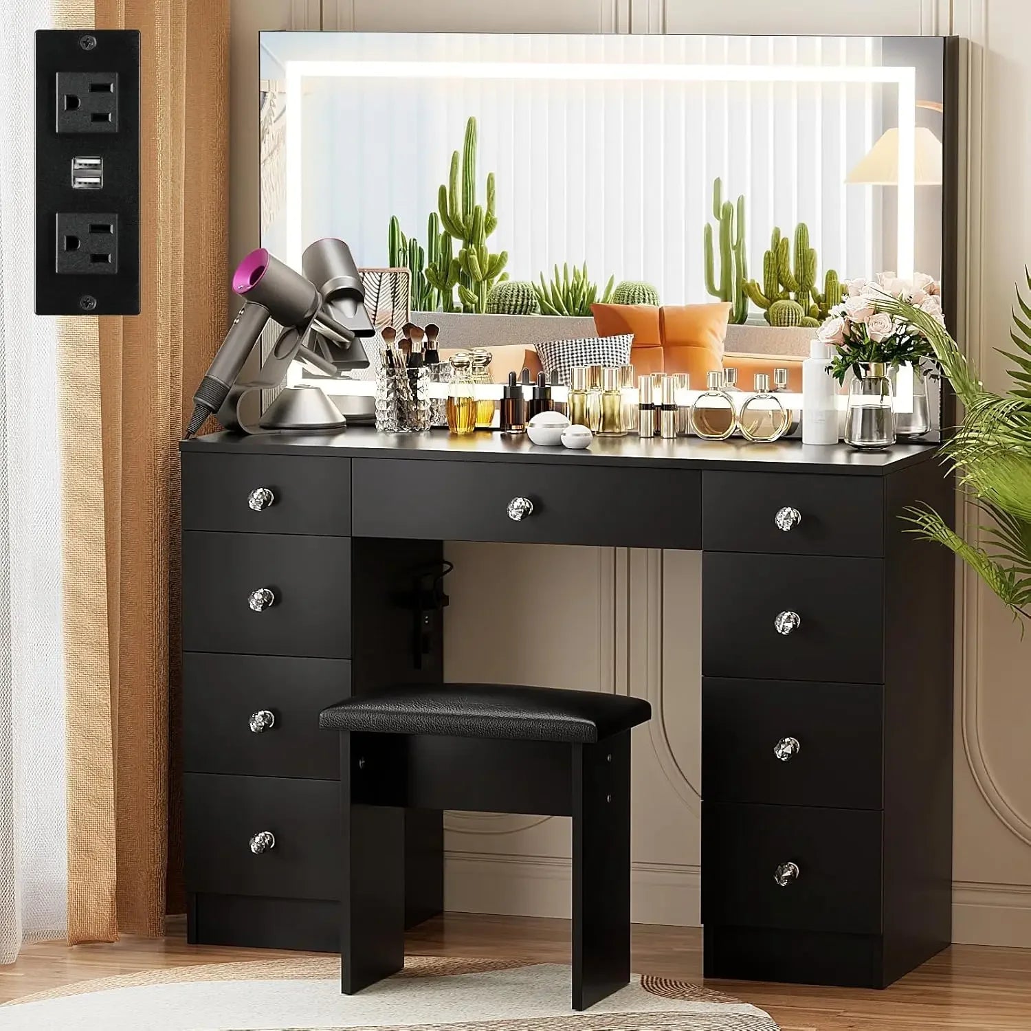 Vanity with Lighted Mirror - Makeup Vanity Desk with Power Outlet and 9 Drawers, 3 Color Lighting Modes