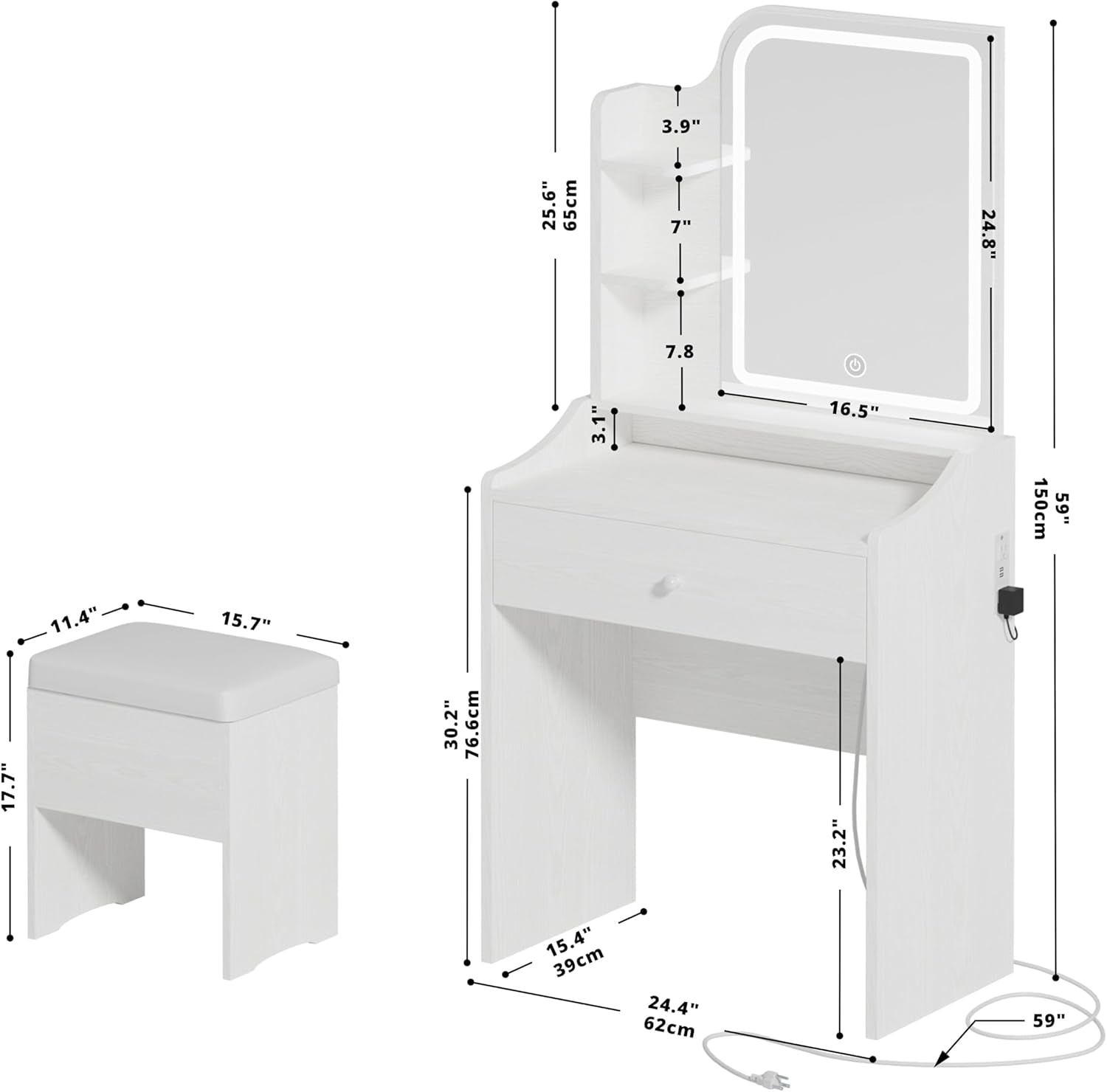 White Small Vanity Set Mirror, Lights, Storage, Chair