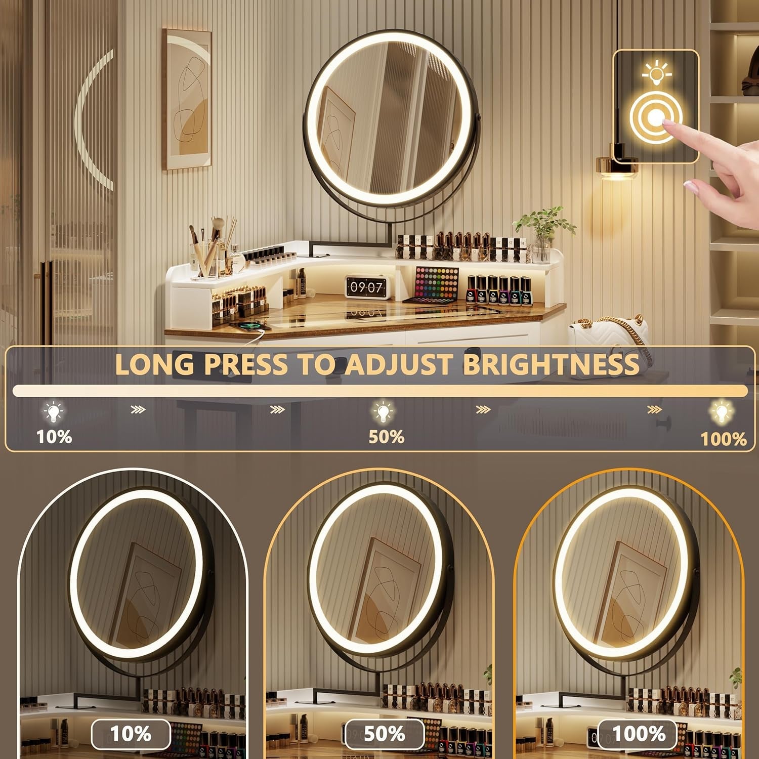 White Corner Vanity Mirror, Lights, Charging, Glass Top