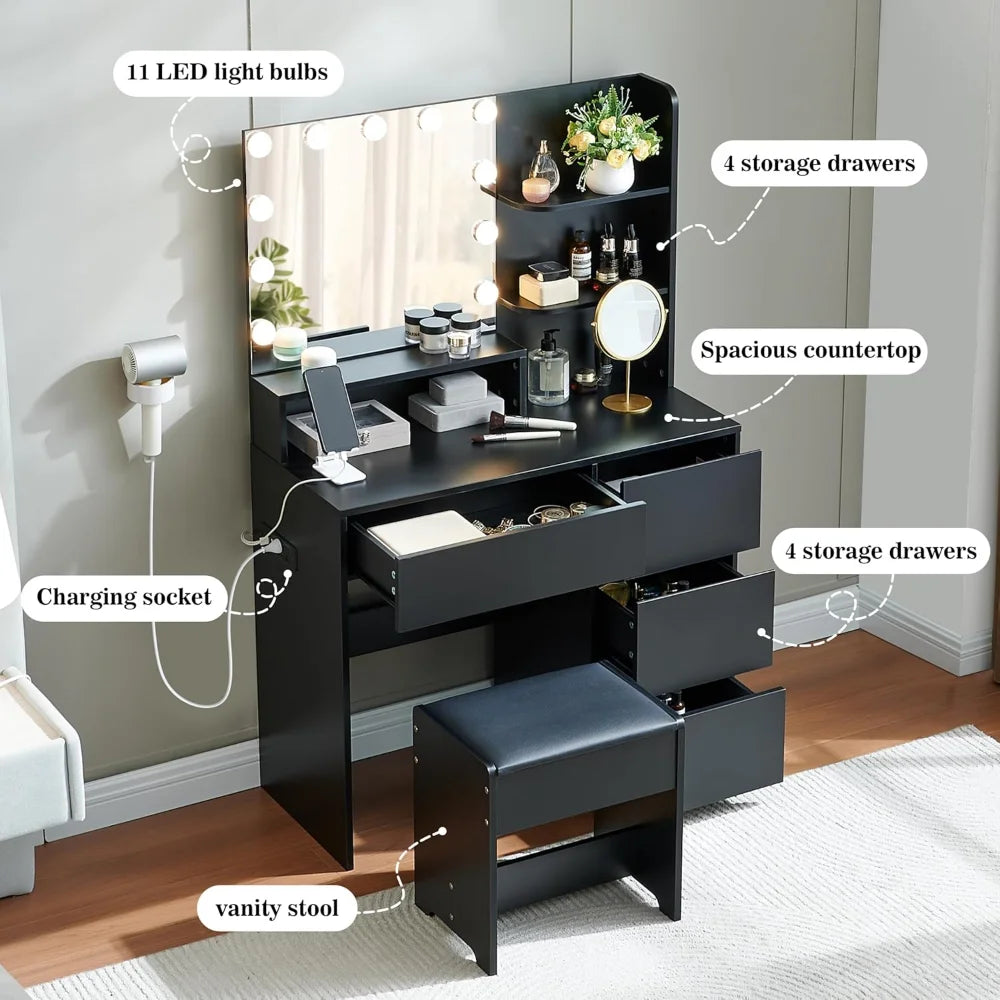 Black Vanity Desk with Mirror and Lights- Makeup Vanity Table Set with Power Outlet, 4 Drawers and Stool, Small Makeup Table