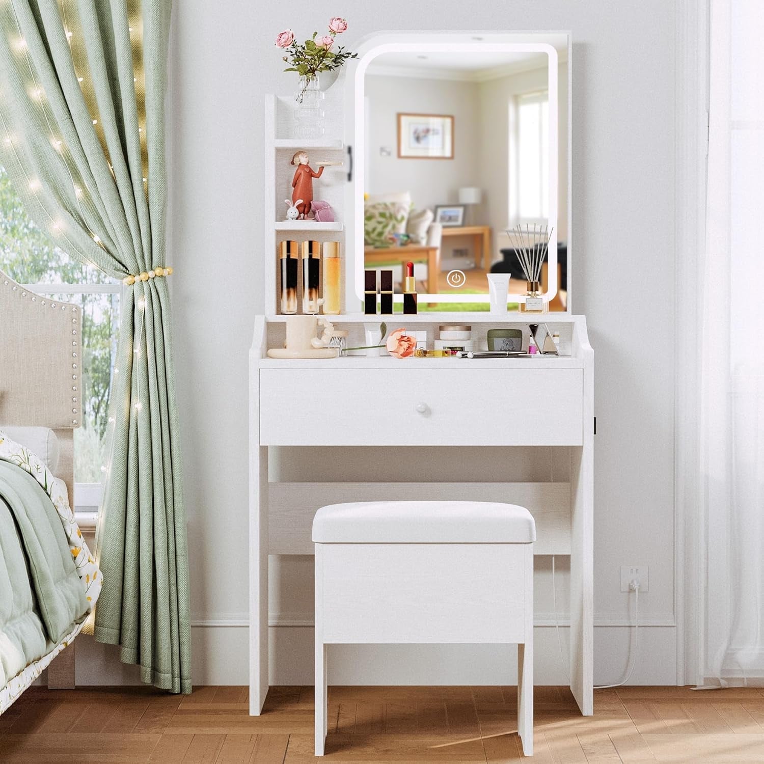 White Small Vanity Set Mirror, Lights, Storage, Chair